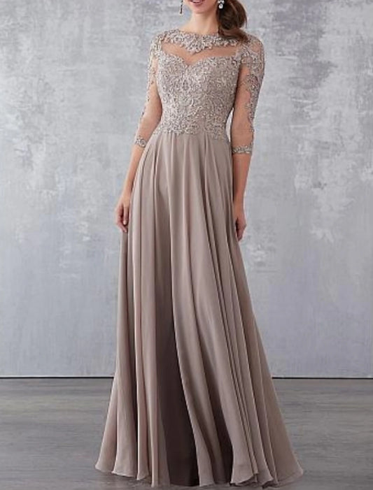 Wholesale A-Line Mother of the Bride Dress Wedding Guest Elegant See Through Jewel Neck Floor Length Chiffon Lace 3/4 Length Sleeve with Draping Appliques Fall