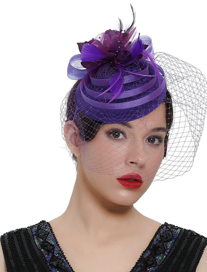 Wholesale Fascinators Kentucky Derby Hat Headwear Organza Polyester / Polyamide Fedora Hat Veil Hat Party / Evening Holiday Vintage Style Elegant With Feather Appliques Headpiece Headwear