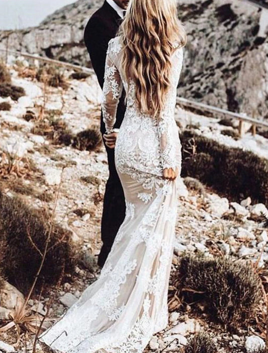 Wholesale Beach Wedding Dresses in Color Boho Wedding Dresses Mermaid / Trumpet Scoop Neck Long Sleeve Court Train Lace Outdoor Bridal Gowns With Appliques