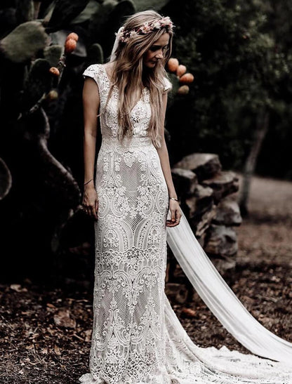 Wholesale Beach Boho Wedding Dresses Mermaid / Trumpet V Neck Cap Sleeve Court Train Lace Outdoor Bridal Gowns With Appliques