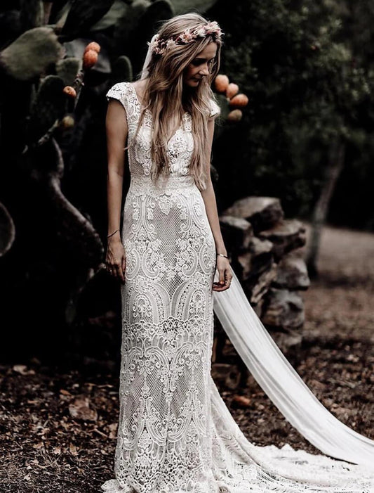 Wholesale  Beach Boho Wedding Dresses Mermaid / Trumpet V Neck Cap Sleeve Court Train Lace Outdoor Bridal Gowns With Appliques Solid