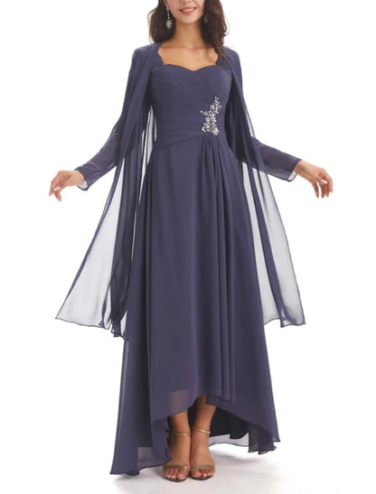 Wholesale Two Piece A-Line Mother of the Bride Dress Wedding Guest Elegant Sweetheart Asymmetrical Ankle Length Chiffon Long Sleeve with Crystal Brooch Ruching Solid Color