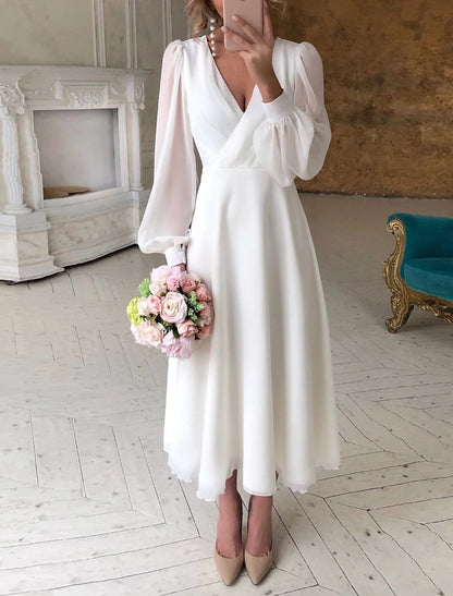 Wholesale Bridal Shower Fall Wedding Dresses Little White Dresses Ankle Length A-Line Long Sleeve V Neck Chiffon With Solid Color Summer Bridal Gowns