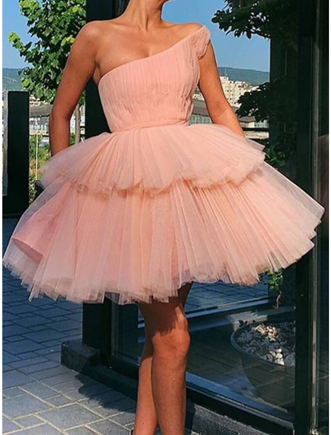 Wholesale A-Line Homecoming Dresses Tiered Plisse Dress Graduation Cocktail Party Short / Mini Sleeveless One Shoulder Pink Dress Tulle with Ruffles