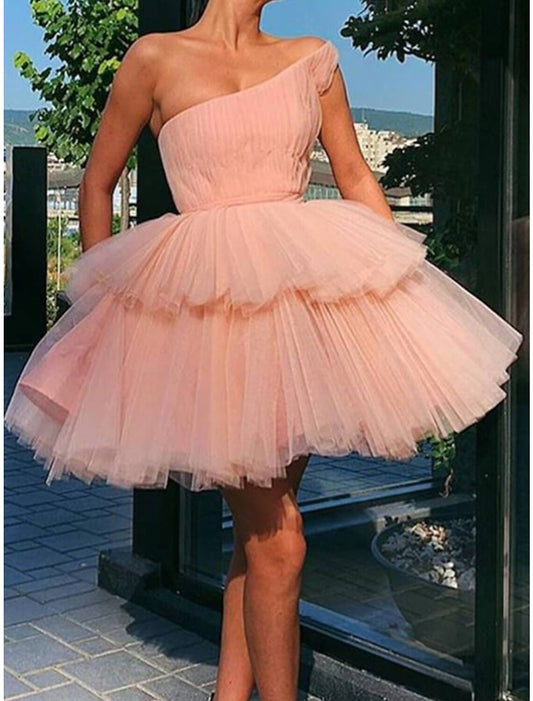 Wholesale A-Line Homecoming Dresses Tiered Plisse Dress Graduation Cocktail Party Short / Mini Sleeveless One Shoulder Pink Dress Tulle with Ruffles