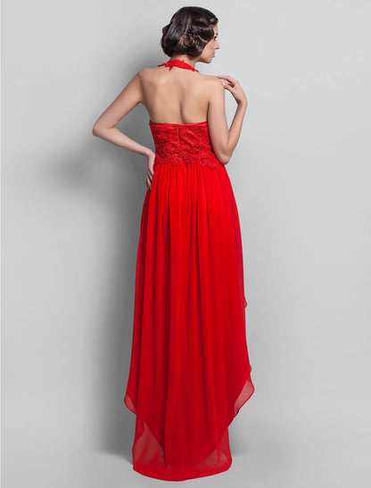 Wholesale Sheath / Column Open Back Dress Wedding Guest Cocktail Party Asymmetrical Sleeveless Halter Neck Chiffon Backless with Appliques