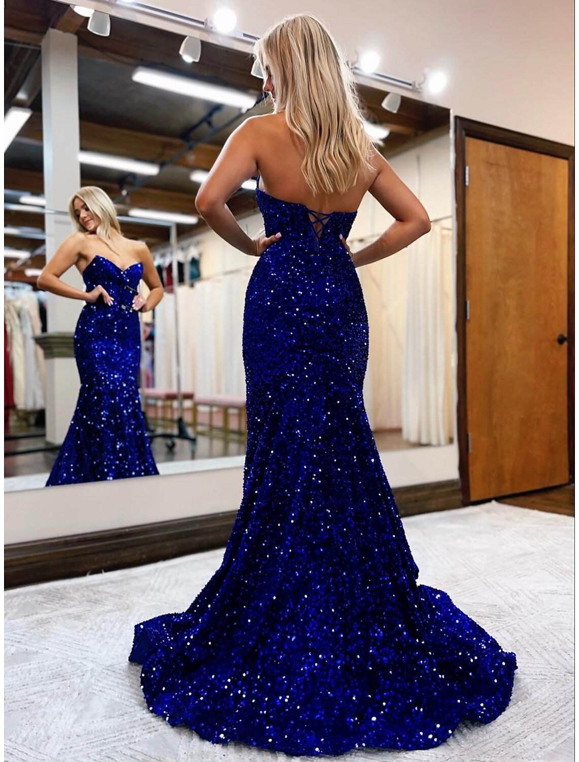 Wholesale  Mermaid / Trumpet Prom Dresses Sparkle & Shine Dress Formal Wedding Party Sweep / Brush Train Sleeveless Sweetheart Sequined Backless with Sequin