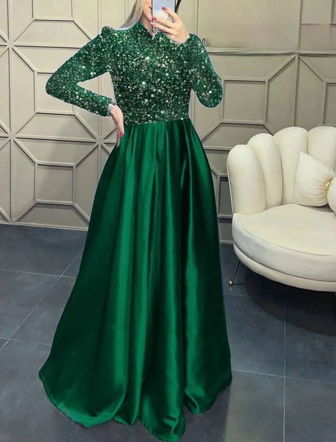 Wholesale A-Line Evening Gown Sparkle Christmas Red Green Dress Wedding Guest Fall Floor Length Long Sleeve High Neck Satin with Sequin