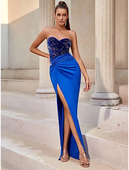 Wholesale Blue Orange Green Blue A-Line Evening Gown Sparkle & Shine Dress Formal Floor Length Sleeveless Sweetheart Stretch Fabric with Glitter Sequin Slit Fall Wedding