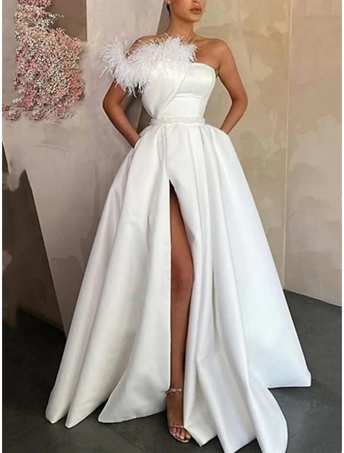 Wholesale A-Line Evening Gown High Split Dress Formal Floor Length Sleeveless One Shoulder Satin with Feather Slit