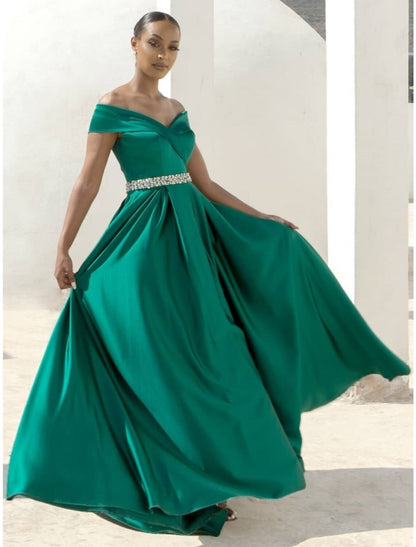 Wholesale A-Line Evening Gown Elegant Dress Formal Sweep / Brush Train Christmas Red Green Dress Sleeveless Off Shoulder Satin with Pleats Crystals