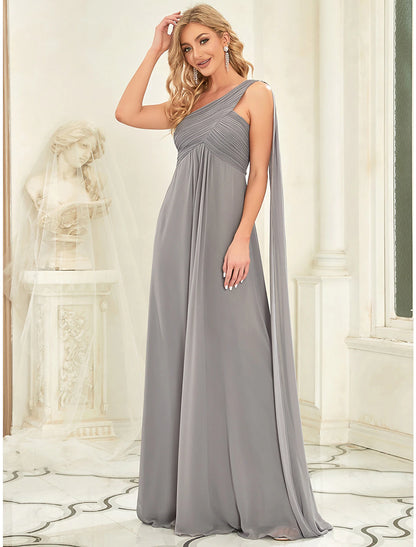 Wholesale A-Line Evening Gown Empire Dress Formal Evening Floor Length Sleeveless One Shoulder Bridesmaid Dress Chiffon Backless with Pleats Draping