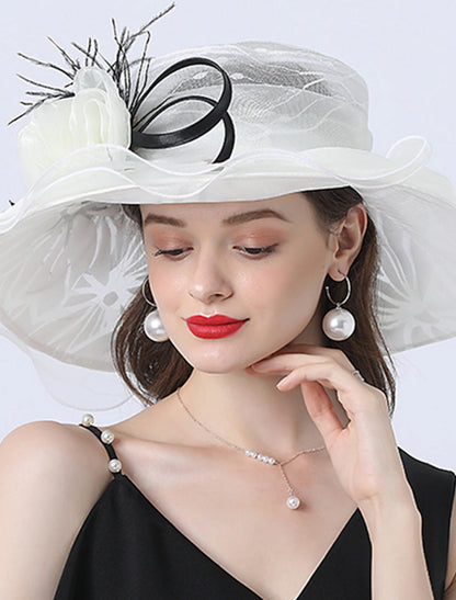 Wholesale Fascinators Kentucky Derby Hat Headwear Polyester Organza Sun Hat Top Hat Veil Hat Holiday Beach Elegant Vintage With Feather Lace Side Headpiece Headwear