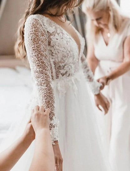 Wholesale Beach Boho Wedding Dresses A-Line V Neck Long Sleeve Court Train Lace Bridal Gowns With Appliques