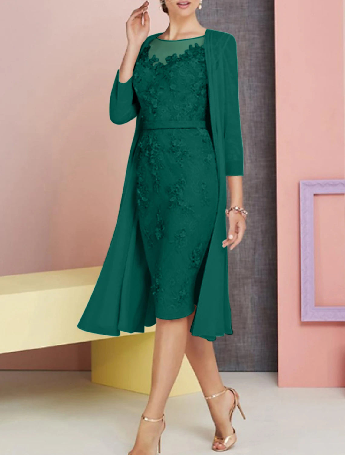 Wholesale Two Piece Sheath / Column Mother of the Bride Dress Fall Wedding Guest Church Plus Size Vintage Elegant Bateau Neck Knee Length Chiffon Lace 3/4 Length Sleeve Jacket Dresses with Appliques