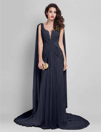 Wholesale Sheath / Column Elegant Dress Wedding Guest Prom Court Train Sleeveless Plunging Neck Georgette V Back