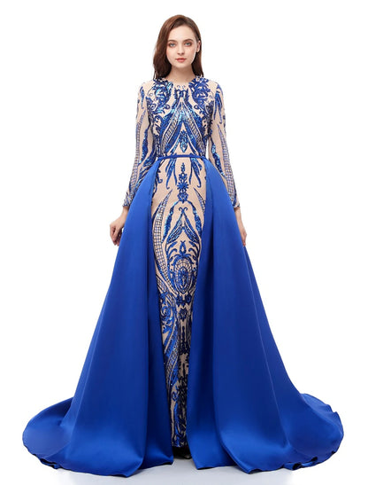 Wholesale Mermaid / Trumpet Evening Gown Luxurious Dress Carnival Wedding Guest Court Train Long Sleeve Jewel Neck Detachable Satin with Sequin Overskirt Pattern / Print