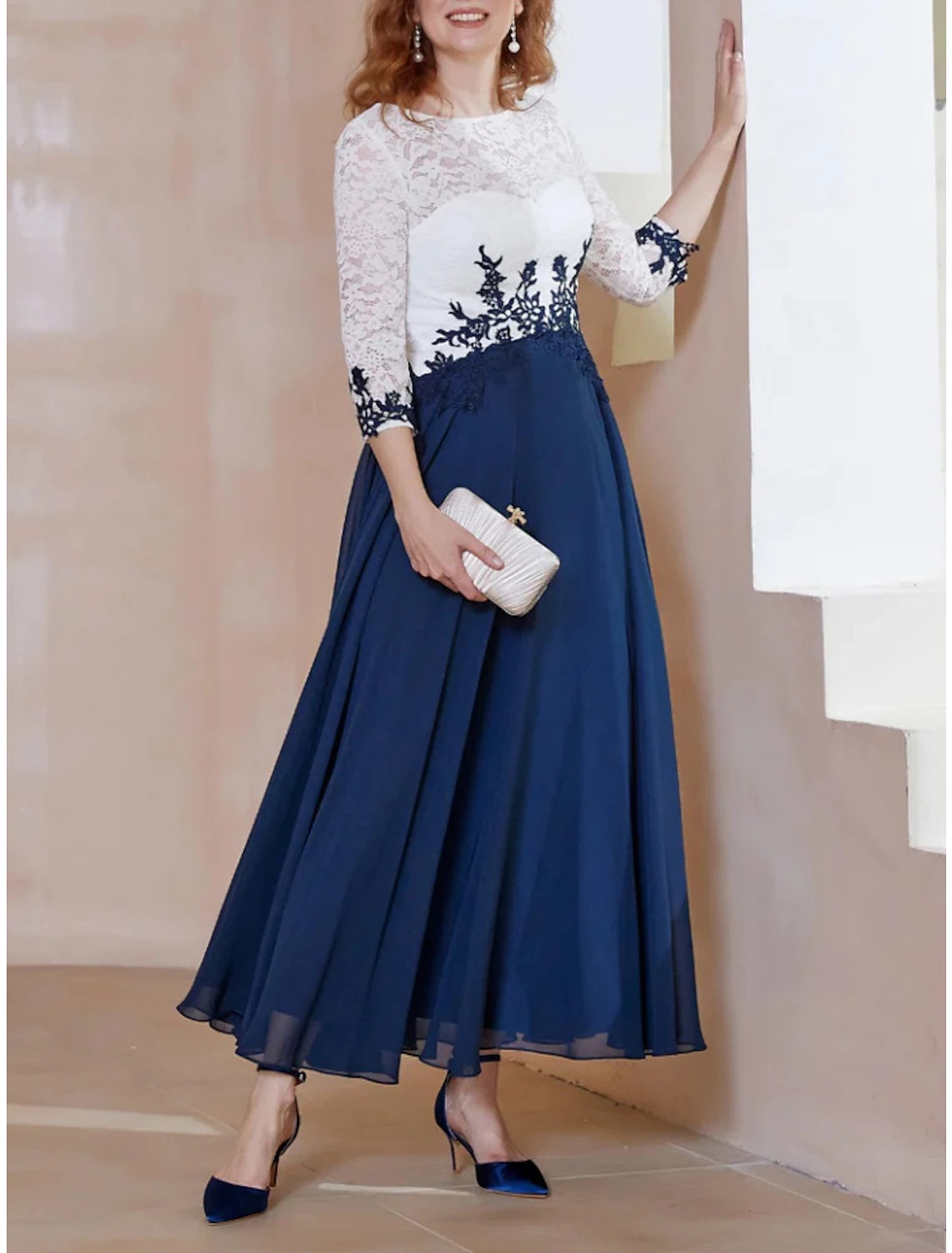 Wholesale A-Line Mother of the Bride Dress Wedding Guest Elegant Scoop Neck Ankle Length Chiffon 3/4 Length Sleeve with Lace Ruching