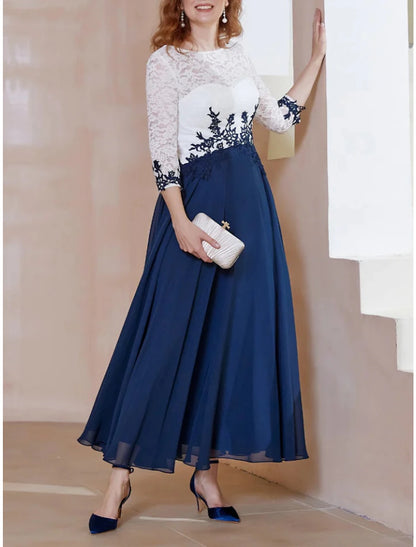 Wholesale A-Line Mother of the Bride Dress Wedding Guest Elegant Scoop Neck Ankle Length Chiffon 3/4 Length Sleeve with Lace Ruching