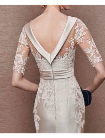 Wholesale Sheath / Column Mother of the Bride Dress Fall Wedding Guest Vintage Elegant Jewel Neck Knee Length Satin Lace Short Sleeve with Appliques