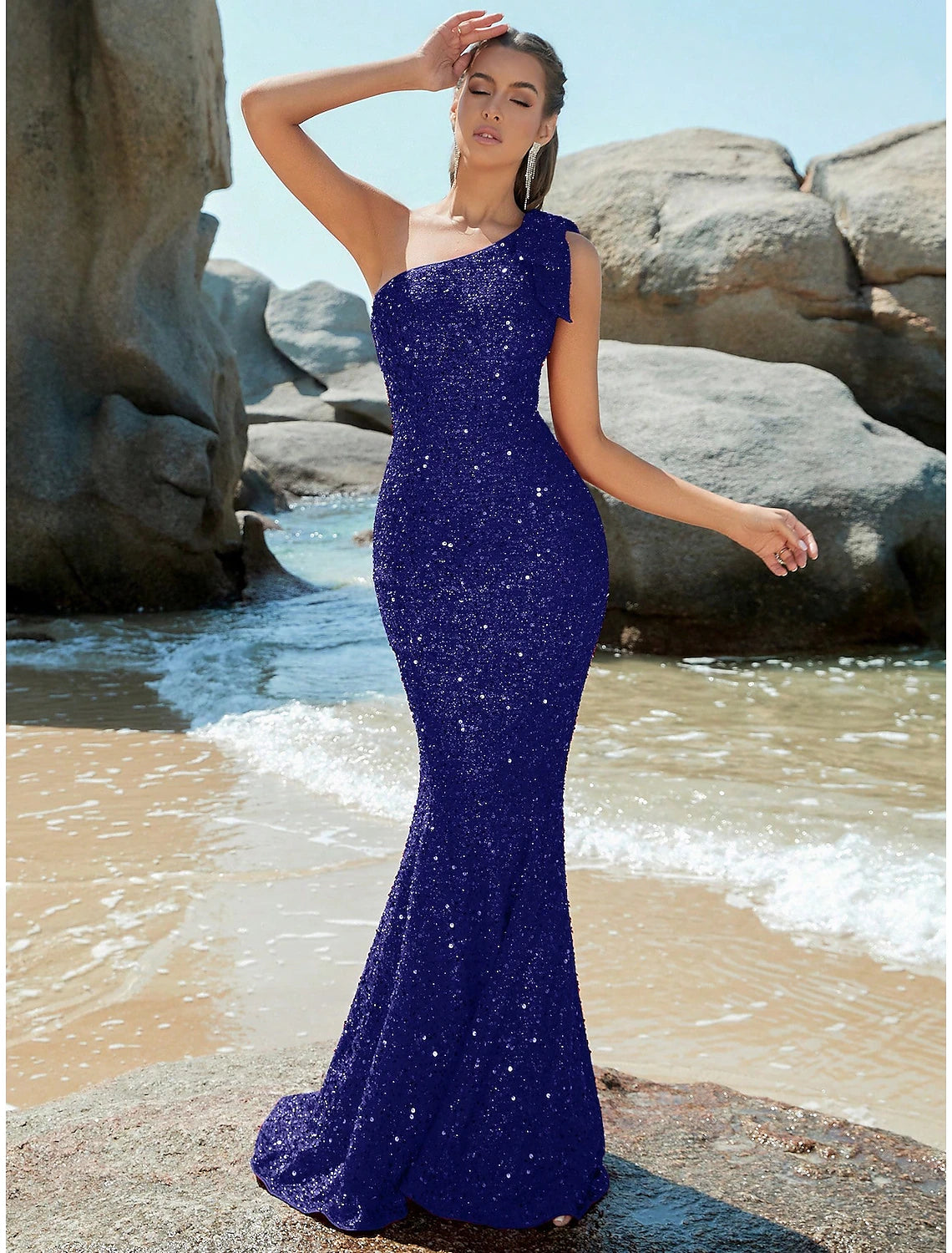 Wholesale Mermaid / Trumpet Evening Gown Sparkle & Shine Dress Formal Fall Sweep / Brush Train Sleeveless One Shoulder Sequined with Glitter Shouder Flower