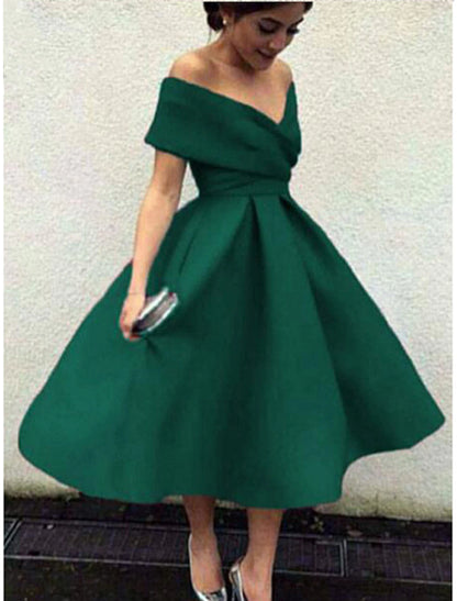 Wholesale A-Line Cocktail Dresses 1950s Dress Wedding Guest Red Green Dress Tea Length Short Sleeve V Neck Stretch Fabric V Back with Pleats