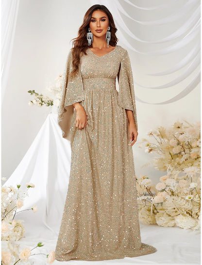 Wholesale A-Line Evening Gown Sparkle & Shine Dress Formal Wedding Sweep / Brush Train Long Sleeve V Neck Capes Polyester with Sequin