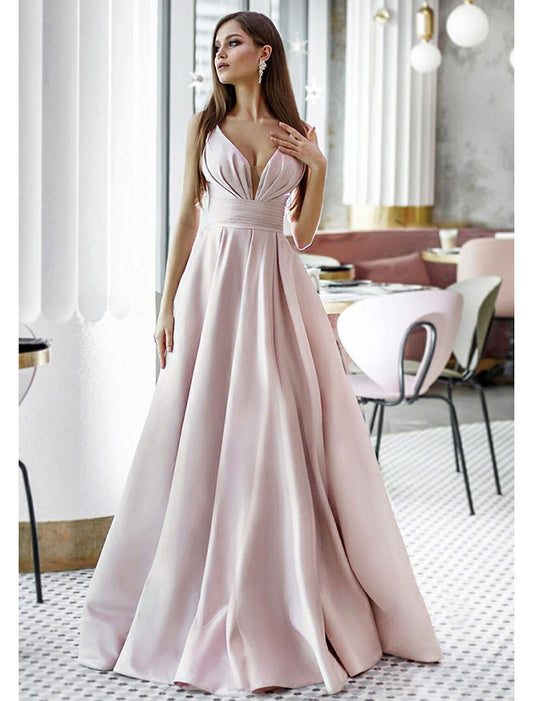 Wholesale  A-Line Elegant Engagement Formal Evening Dress V Neck Sleeveless Sweep / Brush Train Satin with Pleats