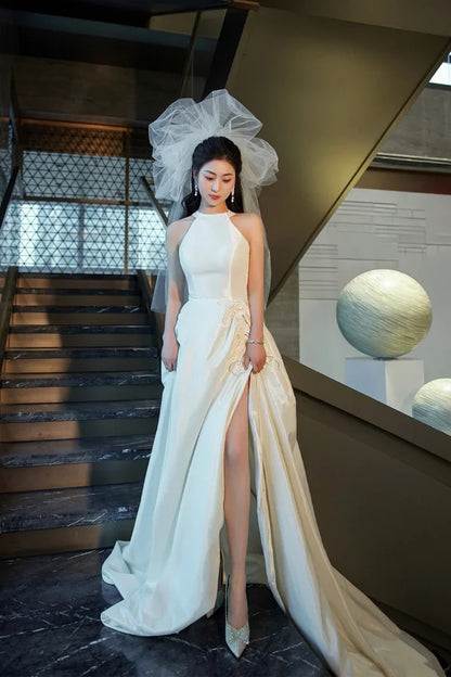 Wholesale White Satin Long Prom Dress with Slit Elegant A-Line Backless Evening Party Dress