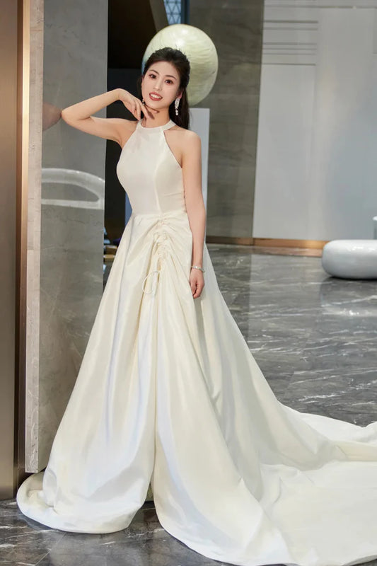 Wholesale White Satin Long Prom Dress with Slit Elegant A-Line Backless Evening Party Dress