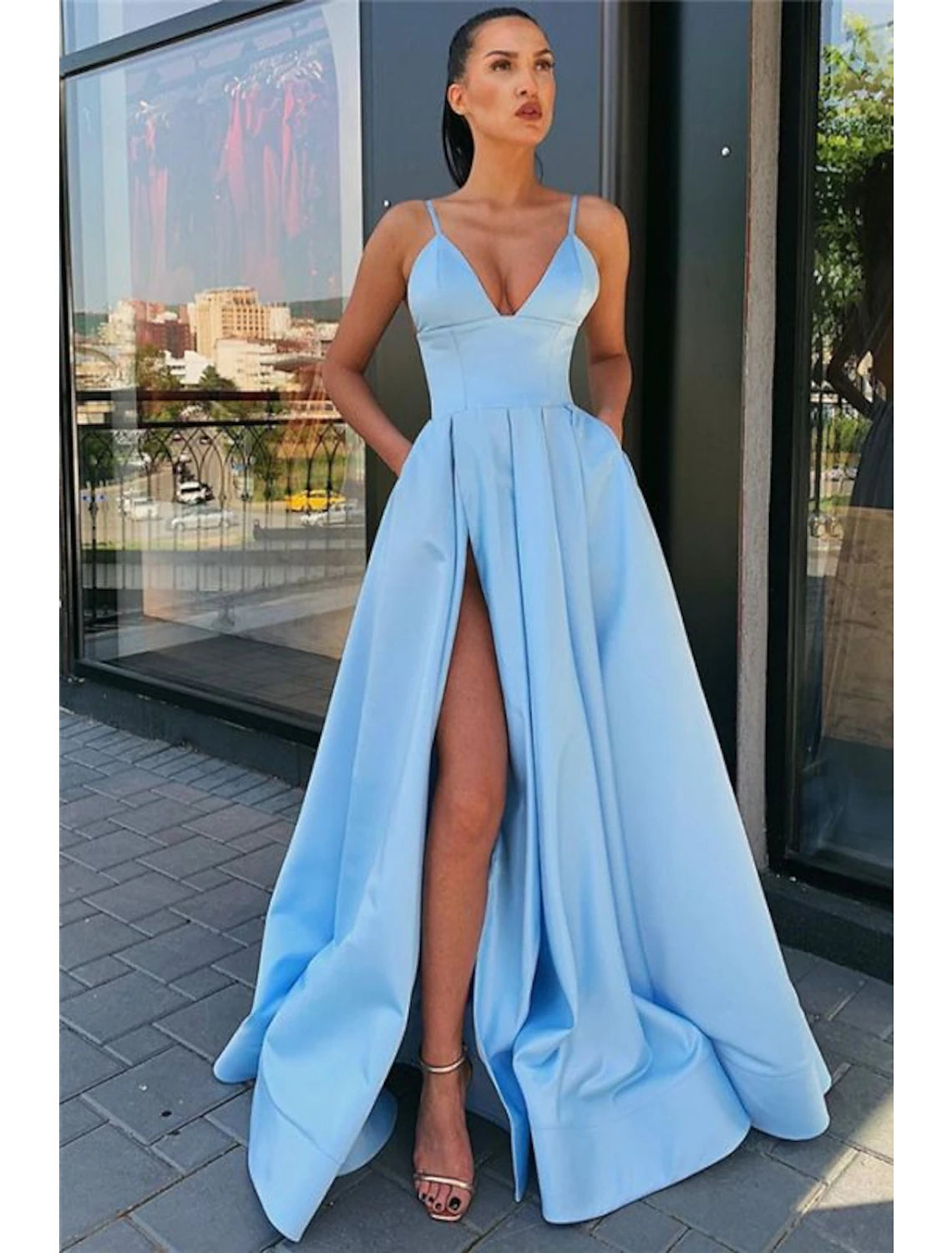 Wholesale A-Line Black Prom Dress High Split Evening Dress Formal Birthday Summer Dress Spaghetti Strap Sleeveless Sweep / Brush Train Satin with Pleats