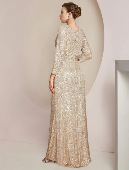 Wholesale  Sheath / Column Mother of the Bride Dress Formal Wedding Guest Sparkle & Shine Elegant V Neck Floor Length Sequined 3/4 Length Sleeve with Split