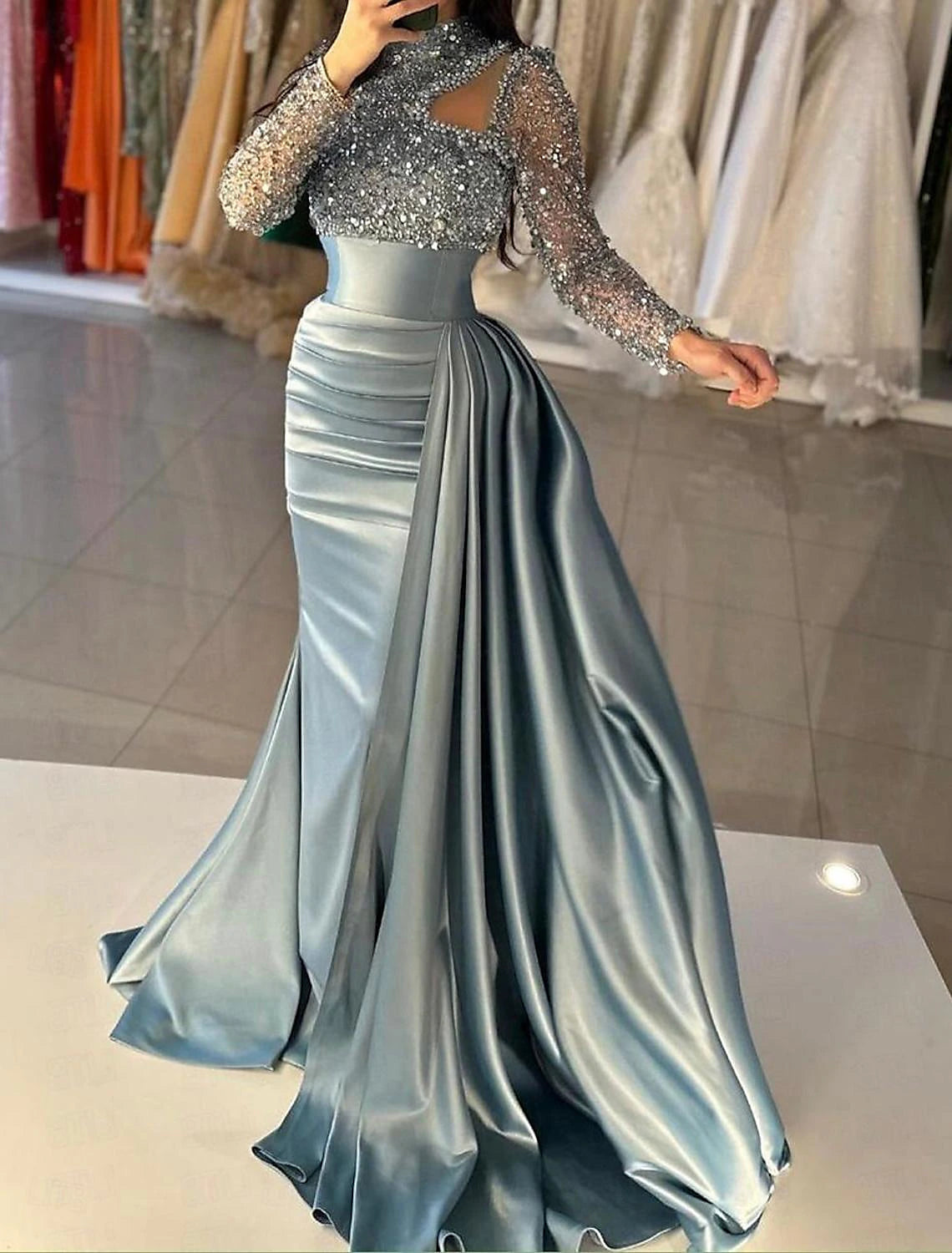 Wholesale Mermaid / Trumpet Evening Gown Elegant Dress Formal Sweep / Brush Train Long Sleeve High Neck Satin with Pearls Sequin