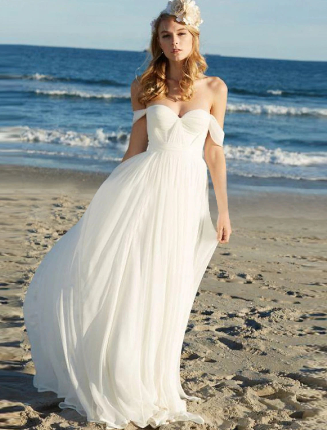 Wholesale Beach Sexy Boho Wedding Dresses A-Line Off Shoulder Cap Sleeve Floor Length Chiffon Bridal Gowns With Pleats