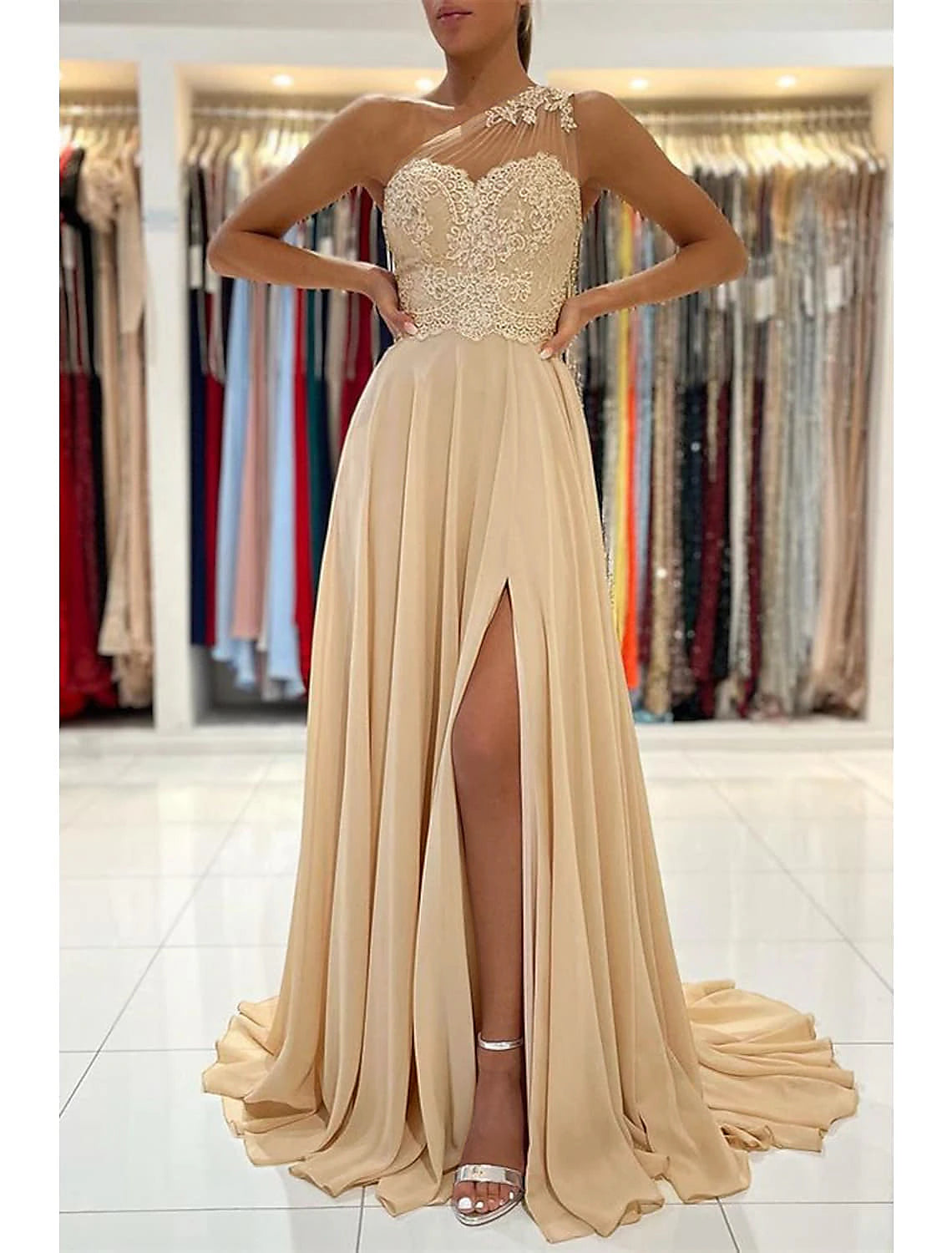 Wholesale A-Line Prom Dresses Sexy Dress Formal Wedding Guest Court Train Sleeveless One Shoulder Chiffon with Slit Appliques