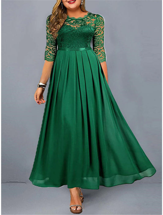 Wholesale Women's Plus Size Green Chirstmas Dress Curve Party Dress Lace Dress Homecoming Dress Solid Color Long Dress Maxi Dress 3/4 Length Sleeve Lace Crew Neck Modern Party Black Wine Summer Spring