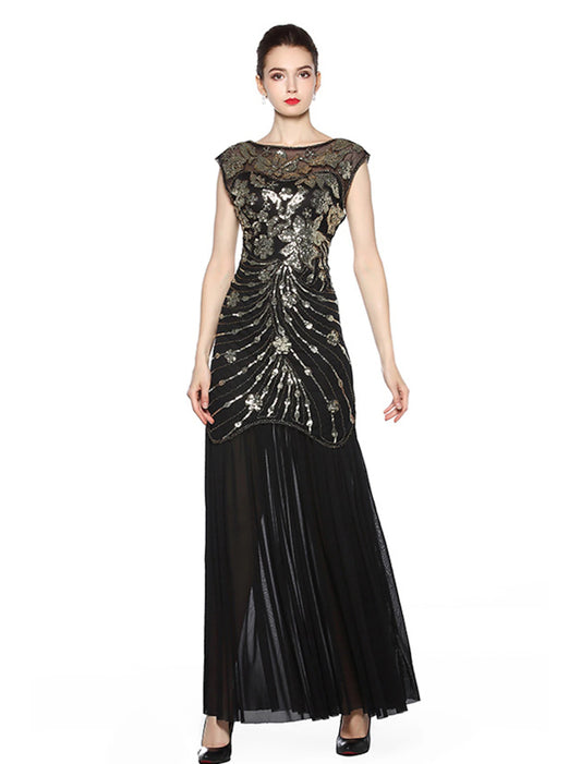 Wholesale A-Line Evening Gown Vintage Dress Holiday Party Wear Floor Length Sleeveless Jewel Neck Spandex V Back with Sequin Embroidery