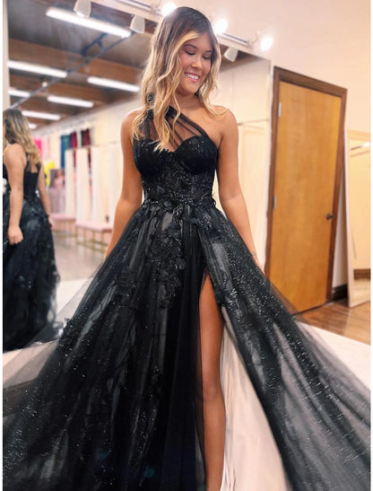 Wholesale A-Line Prom Dresses Color Block Dress Formal Wedding Party Sweep / Brush Train Sleeveless One Shoulder Tulle Backless with Pleats Appliques