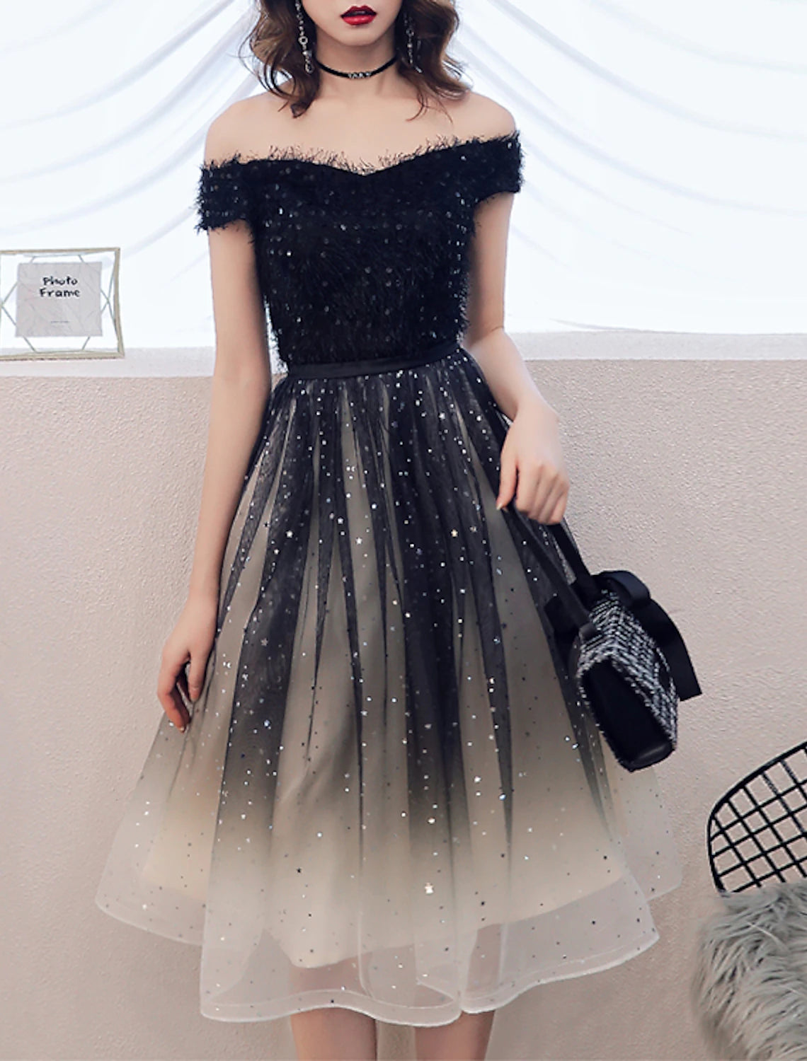 Wholesale A-Line Glittering Gradient Party Wear Cocktail Party Dress Off Shoulder Short Sleeve Knee Length Tulle with Sequin