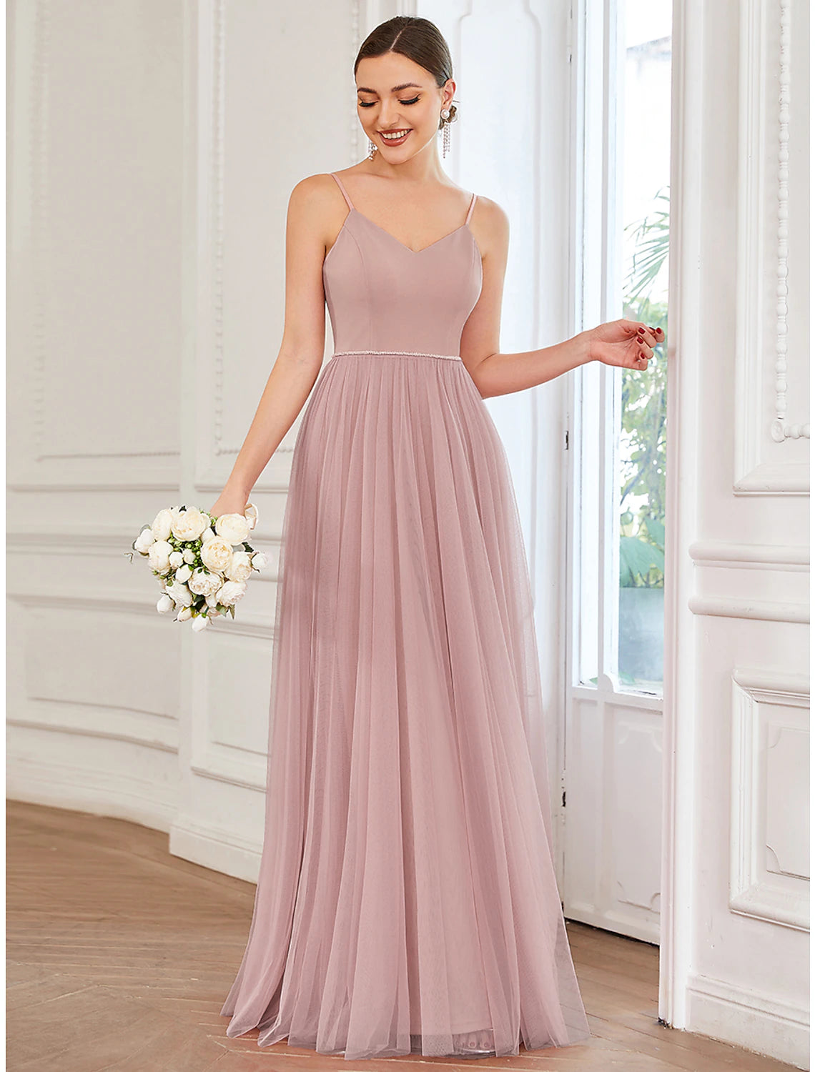 Wholesale  A-Line Prom Dresses Vintage Dress Wedding Guest Prom Floor Length Sleeveless V Neck Bridesmaid Dress Tulle V Back with Pleats Draping