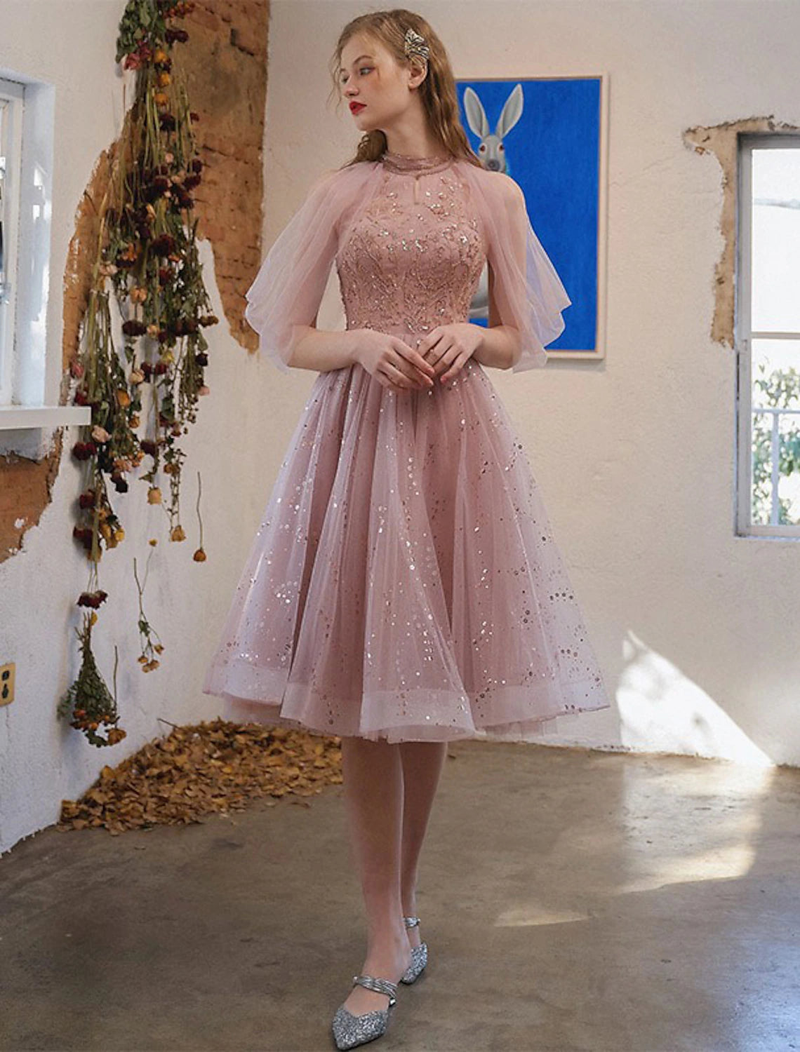 Wholesale A-Line Cocktail Dresses Party Dress Graduation Engagement Knee Length 3/4 Length Sleeve Jewel Neck Tulle with Sequin Appliques