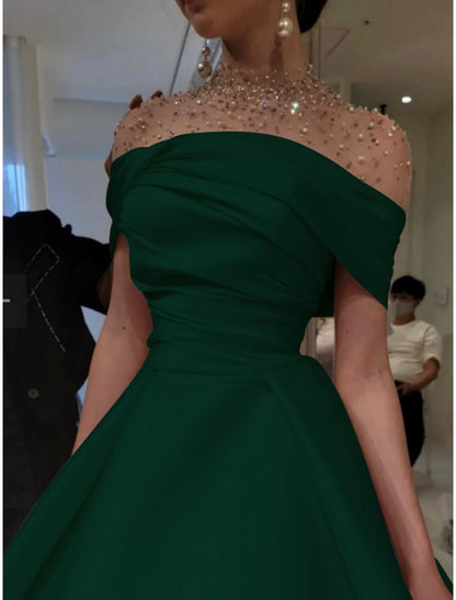 Wholesale A-Line Evening Gown Elegant Dress Formal Christmas Red Green Dress Floor Length Short Sleeve Illusion Neck Satin with Ruched Beading