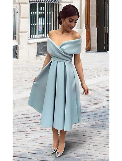 Wholesale A-Line Cocktail Dresses 1950s Dress Homecoming Formal Evening Tea Length Short Sleeve V Neck Stretch Fabric V Back with Pleats