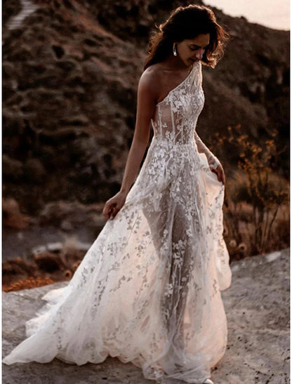 Wholesale  Beach Sexy Boho Wedding Dresses A-Line One Shoulder Long Sleeve Sweep / Brush Train Lace Bridal Gowns With Split Front