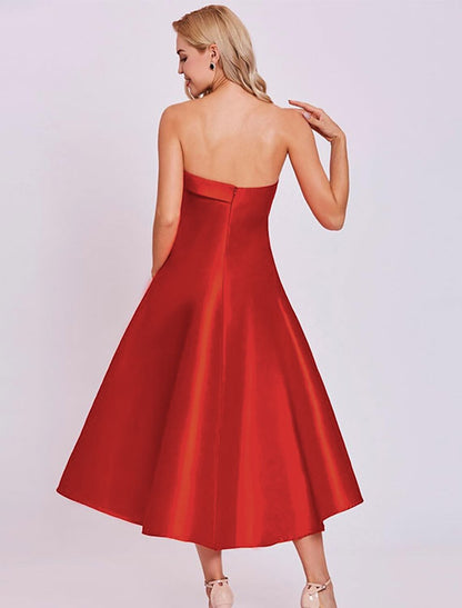 Wholesale A-Line Cocktail Dresses Minimalist Dress Homecoming Wedding Guest Tea Length Sleeveless Strapless Satin with Sleek