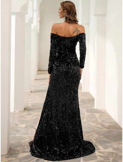 Wholesale A-Line Evening Gown Sparkle & Shine Dress Formal Fall Sweep / Brush Train Long Sleeve Off Shoulder Velvet with Sequin