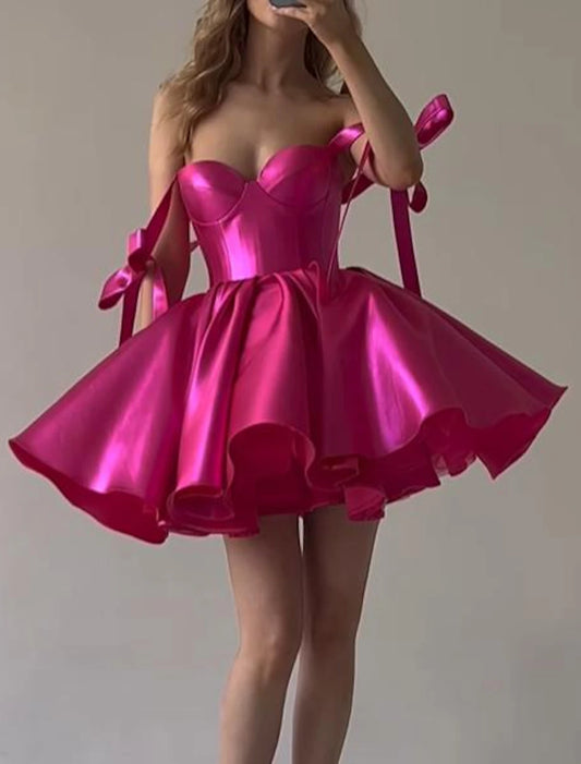 Wholesale A-Line Homecoming Dresses Corsets Dress Holiday Graduation Short / Mini Sleeveless Spaghetti Strap Pink Dress Satin with Bow(s)