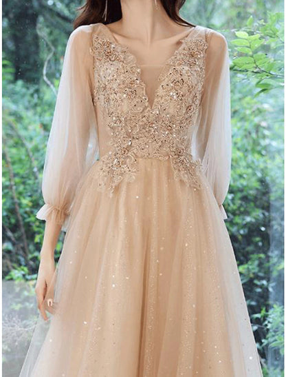 Wholesale A-Line Bridesmaid Dress V Neck Long Sleeve Elegant Tea Length Lace / Tulle with Beading / Appliques