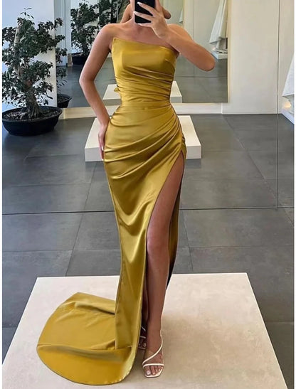 Wholesale A-Line Evening Gown Elegant Dress Formal Court Train Sleeveless Strapless Satin with Ruched Slit