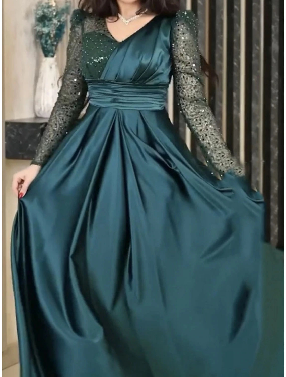 Wholesale A-Line Evening Gown Elegant Dress Formal Sweep / Brush Train Long Sleeve V Neck Satin with Pleats Ruched Sequin